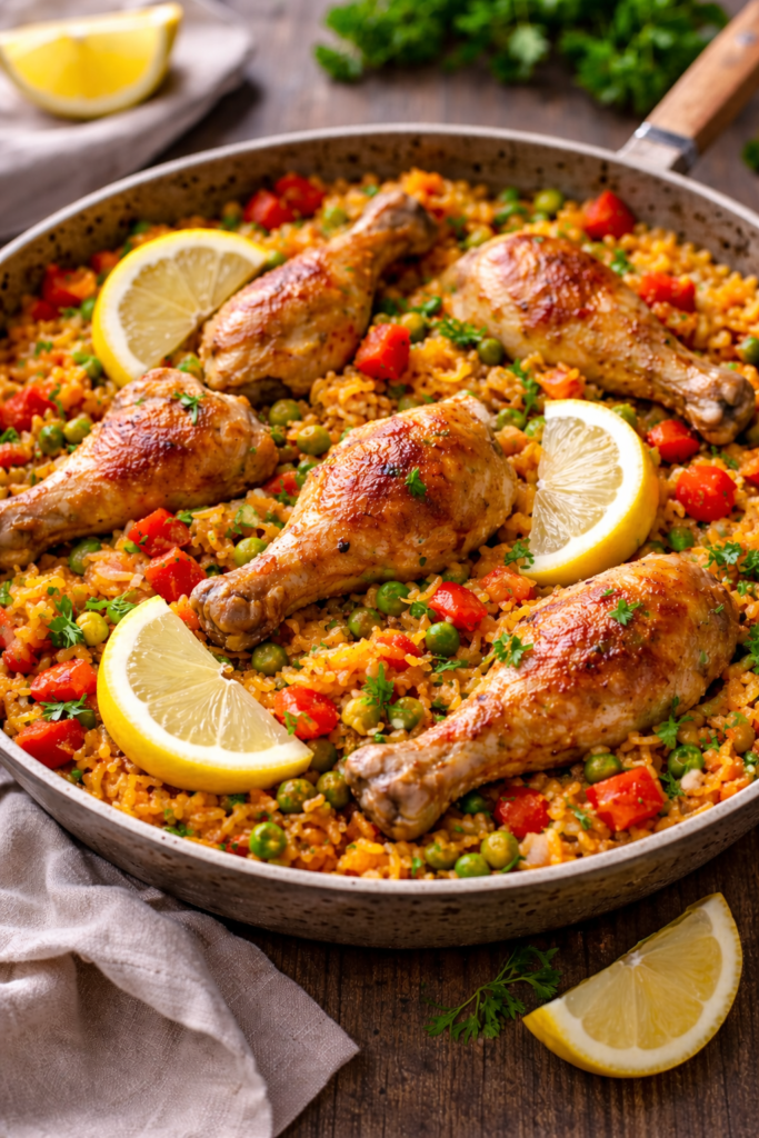 Arroz con pollo fácil y casero (receta de toda la vida) Arroz con pollo casero servido en plato, receta tradicional y fácil