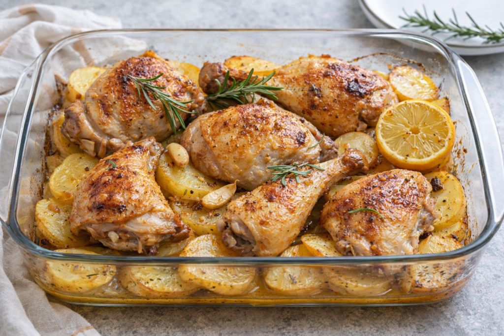 Pollo al horno casero con patatas en bandeja