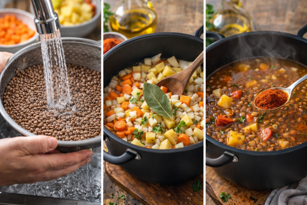 Lentejas caseras fáciles y rápidas | Receta tradicional Lentejas caseras tradicionales cocinadas paso a paso en olla, guiso de lentejas con verduras en cocina doméstica