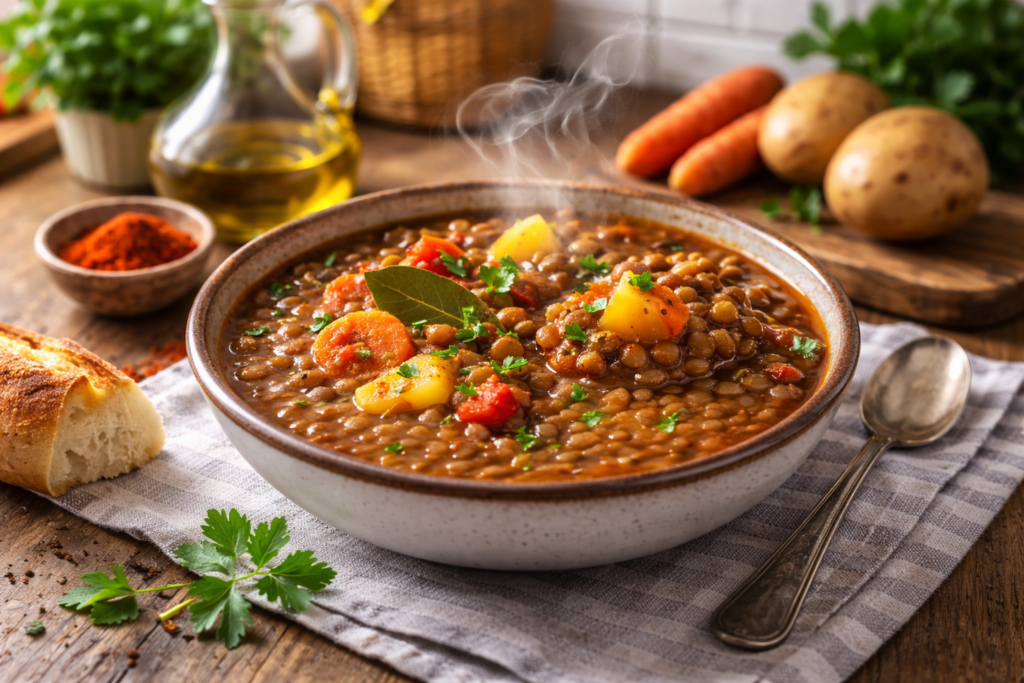Un plato de lentejas bien servido con su chorizo y patata