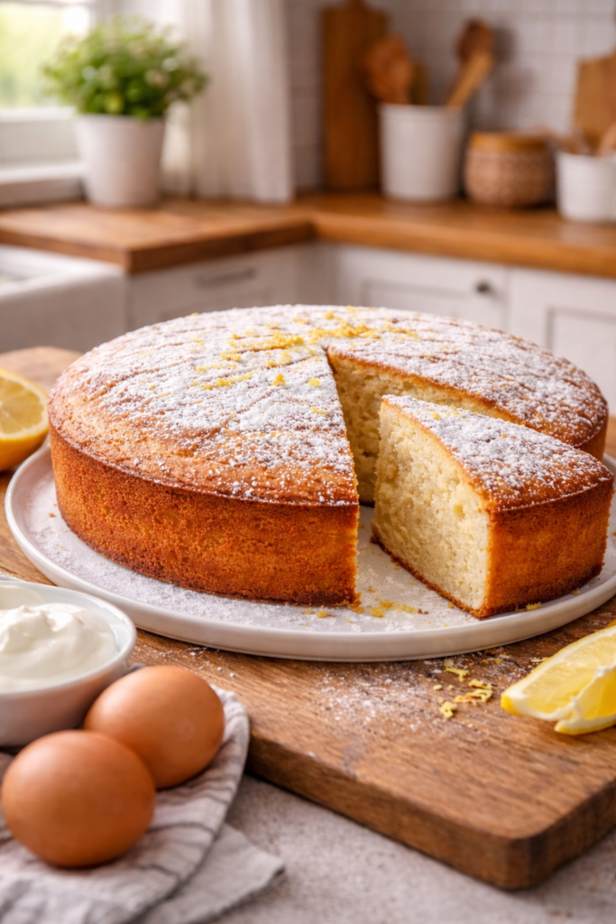Bizcocho de yogur casero, fácil y esponjoso, recién horneado y cortado en porciones
