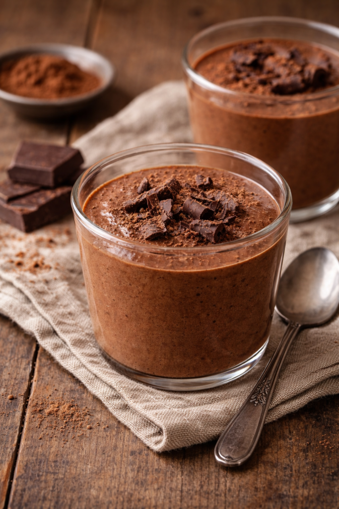 Mousse de chocolate casera cremosa y suave, servida en vasitos individuales