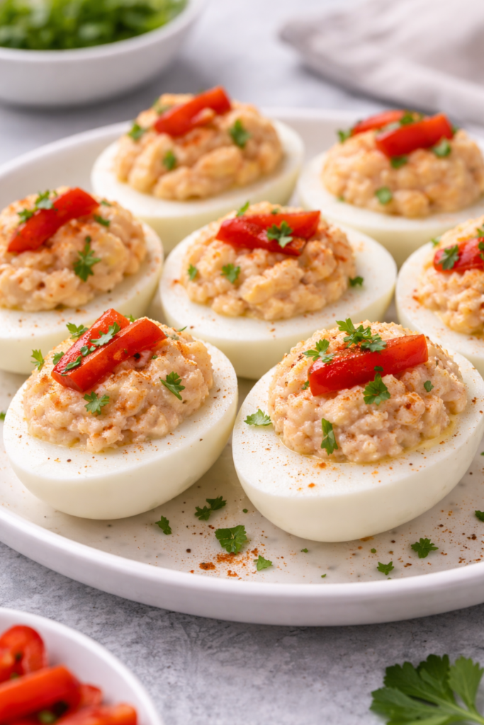 Huevos rellenos caseros con atún y mayonesa, receta fácil y rápida presentada en plato blanco