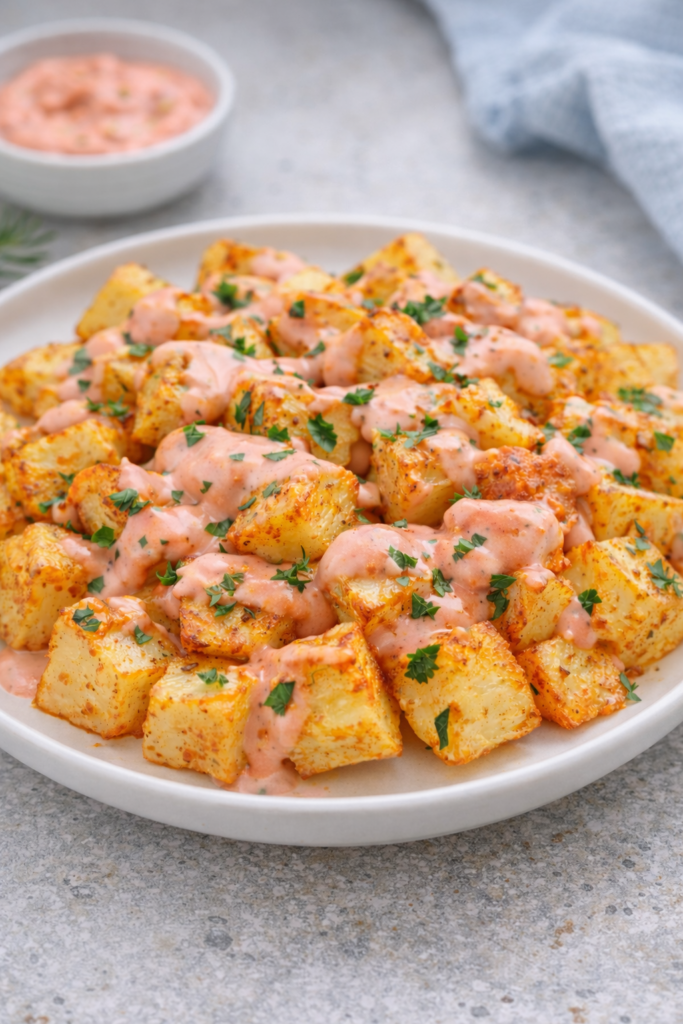 Patatas bravas caseras y crujientes con salsa rosada en un plato rústico recién salidas del horno