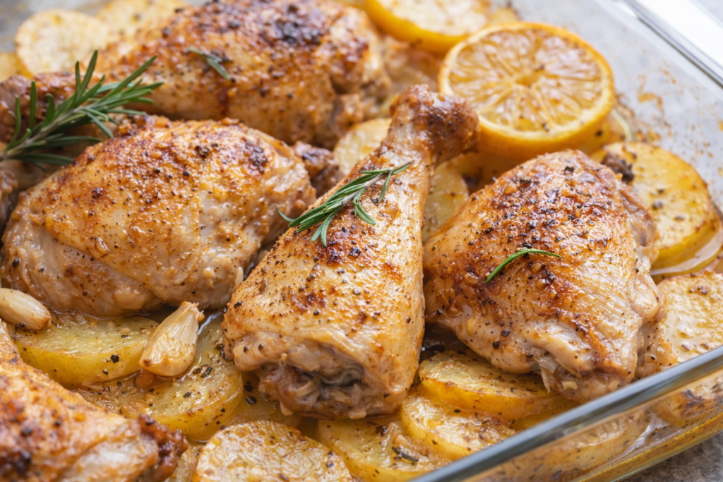 Pollo al horno con patatas doradas, limón y romero