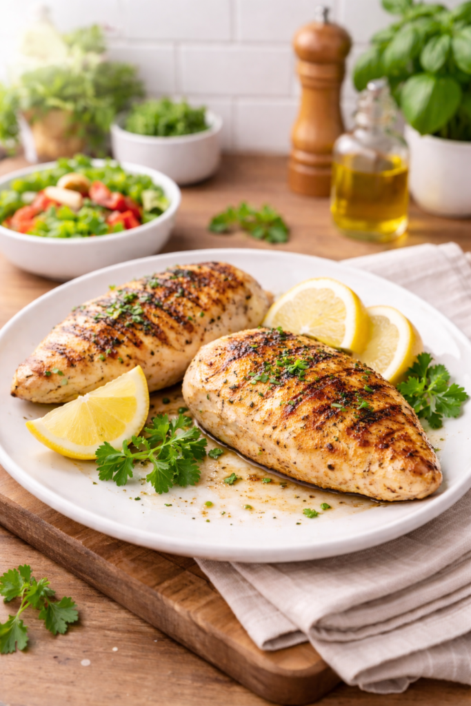 Pechugas de pollo a la plancha jugosas servidas en plato blanco, receta fácil y saludable preparada en cocina casera