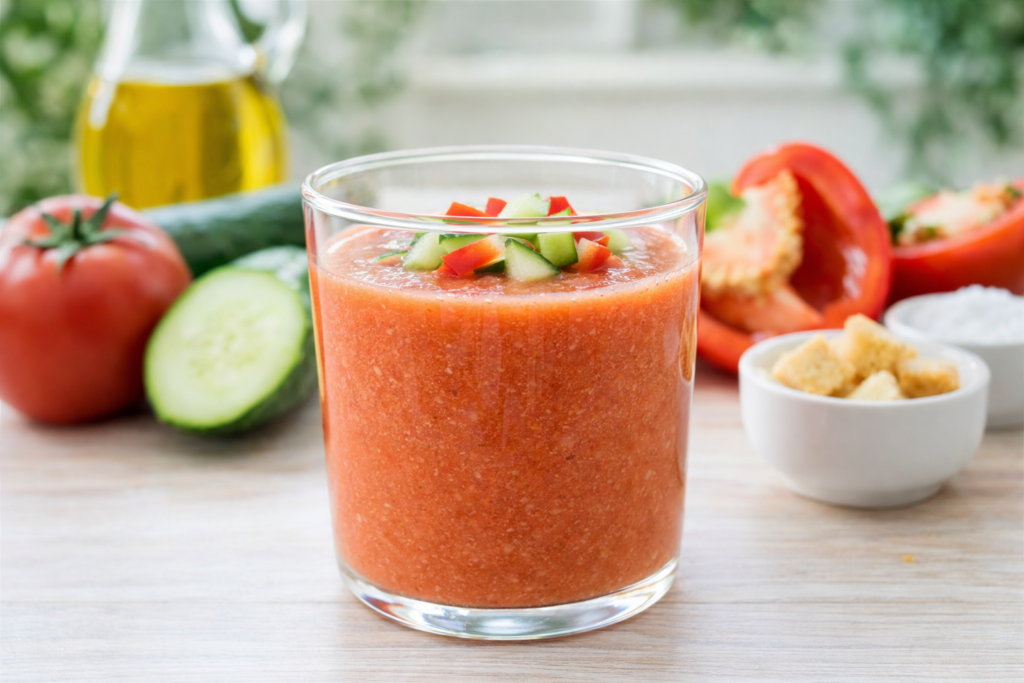 Gazpacho andaluz casero servido en vaso con tomate y pepino en cocina mediterránea luminosa