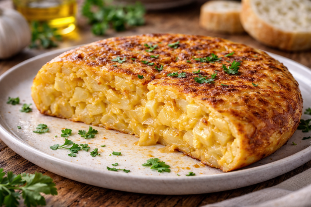 Tortilla de patatas jugosa (receta casera fácil) Tortilla de patatas jugosa por dentro recién cortada