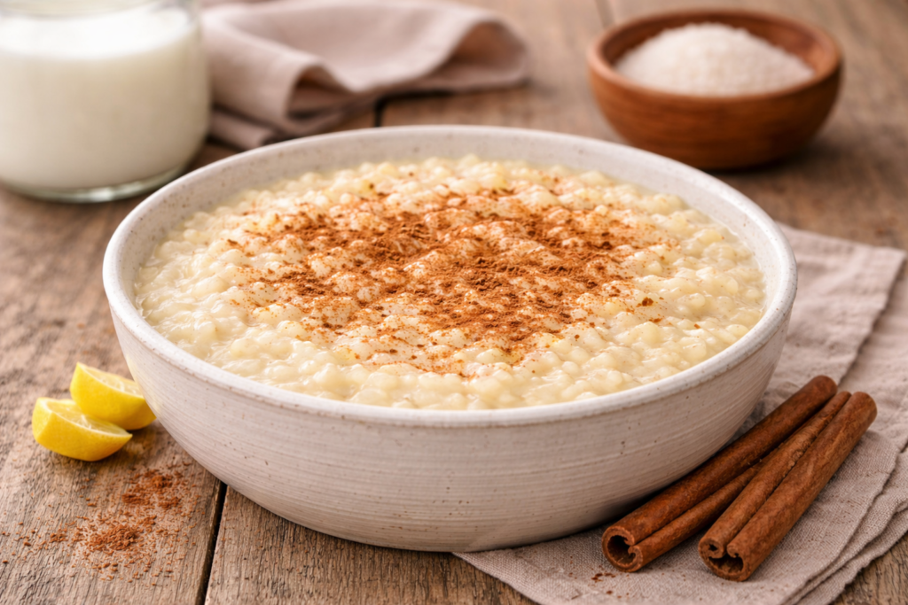 Arroz con leche casero cremoso servido en cuenco con canela en cocina mediterránea luminosa