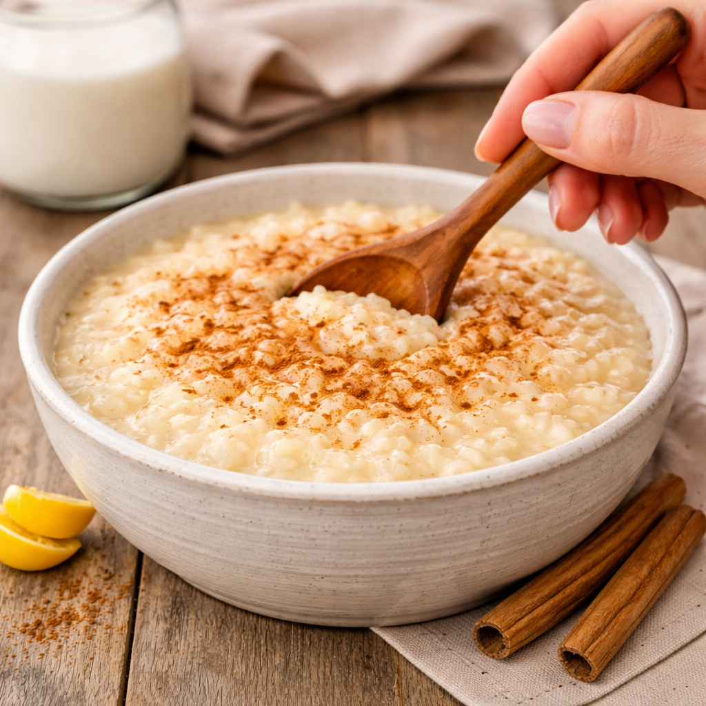 Arroz con leche casero en preparación con textura cremosa y mano femenina usando cuchara en cocina mediterránea luminosa