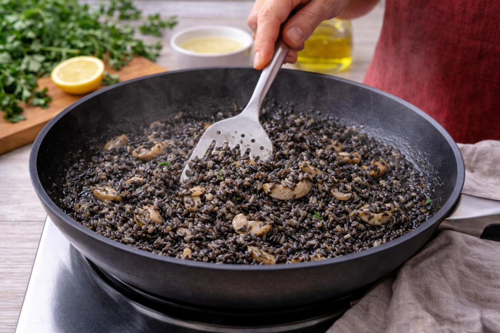 Arroz negro con sepia en preparación con mano femenina removiendo en sartén en cocina mediterránea luminosa
