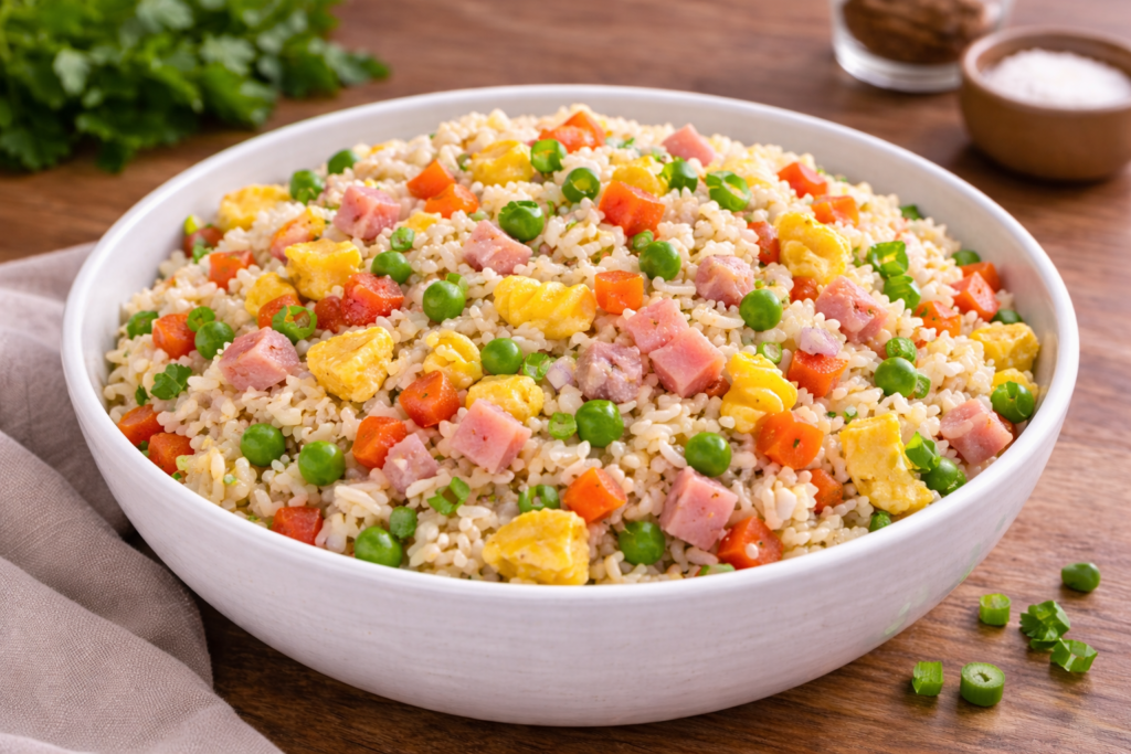 Arroz tres delicias casero con jamón, huevo, guisantes y zanahoria