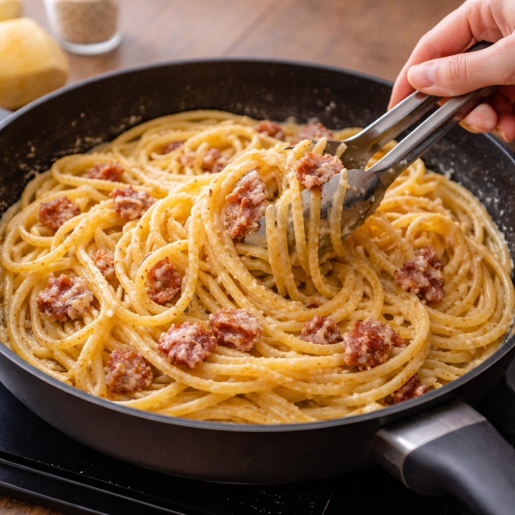 Pasta carbonara casera en preparación con salsa cremosa y mano femenina mezclando en sartén en cocina mediterránea luminosa