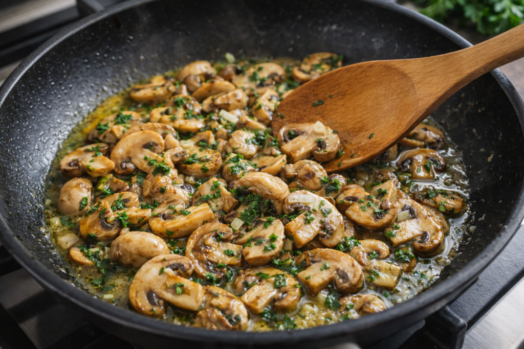 Champiñones al ajillo cocinándose en sartén con ajo y perejil