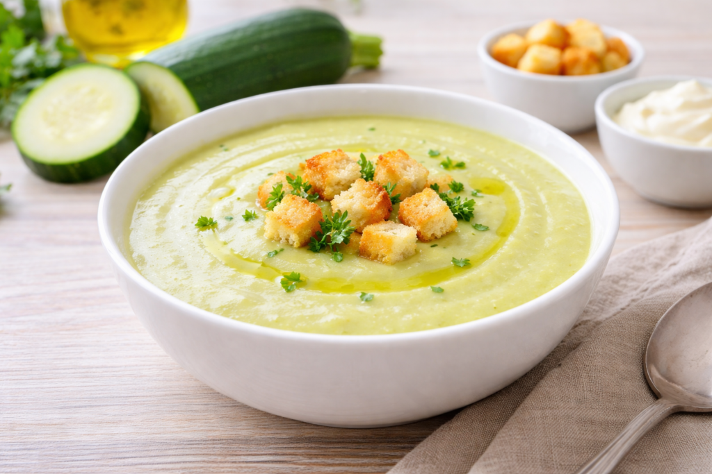 Crema de calabacín casera cremosa servida en bol con picatostes en cocina mediterránea luminosa