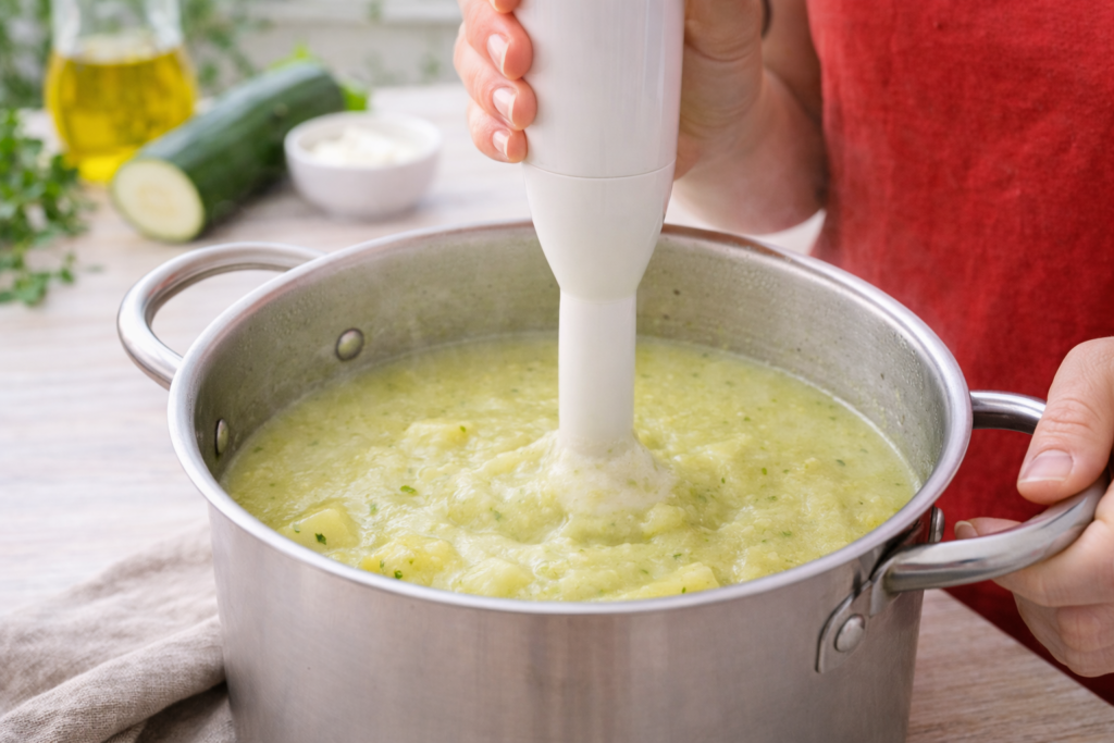 Crema de calabacín casera en preparación siendo triturada con mano femenina en olla en cocina mediterránea luminosa