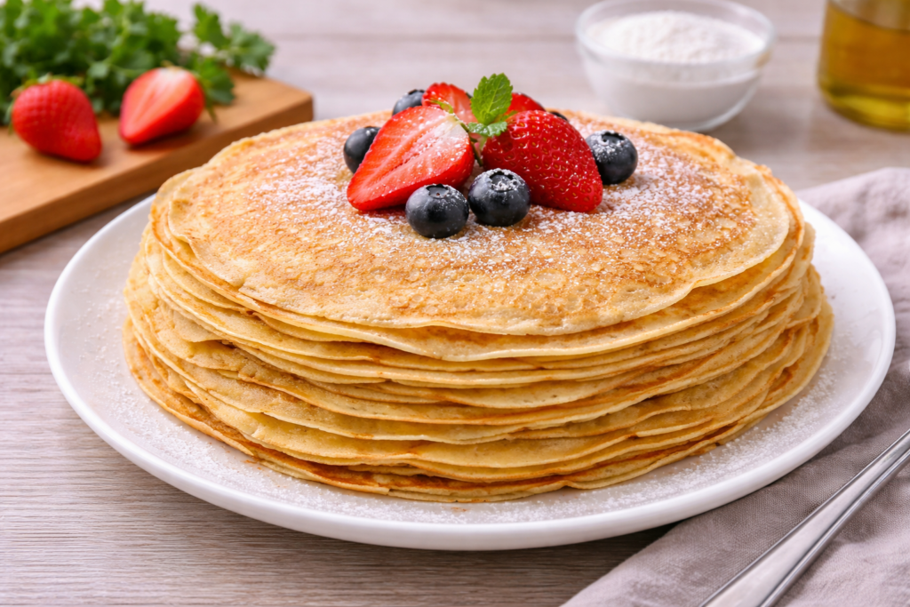 Crepes caseros finos y dorados apilados en plato con fruta y azúcar en cocina mediterránea luminosa