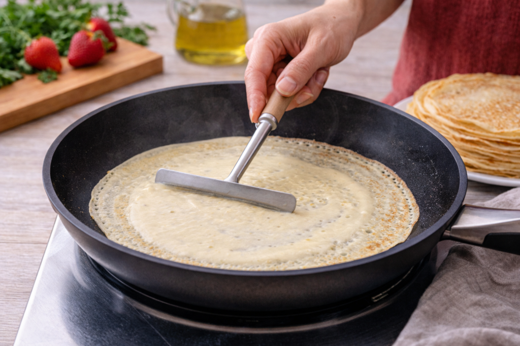 Crepes caseros en preparación con mano femenina extendiendo la masa en sartén en cocina mediterránea luminosa