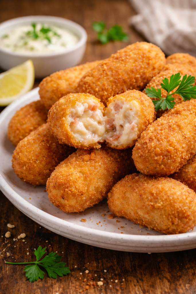 Interior cremoso de croquetas de jamón caseras recién hechas