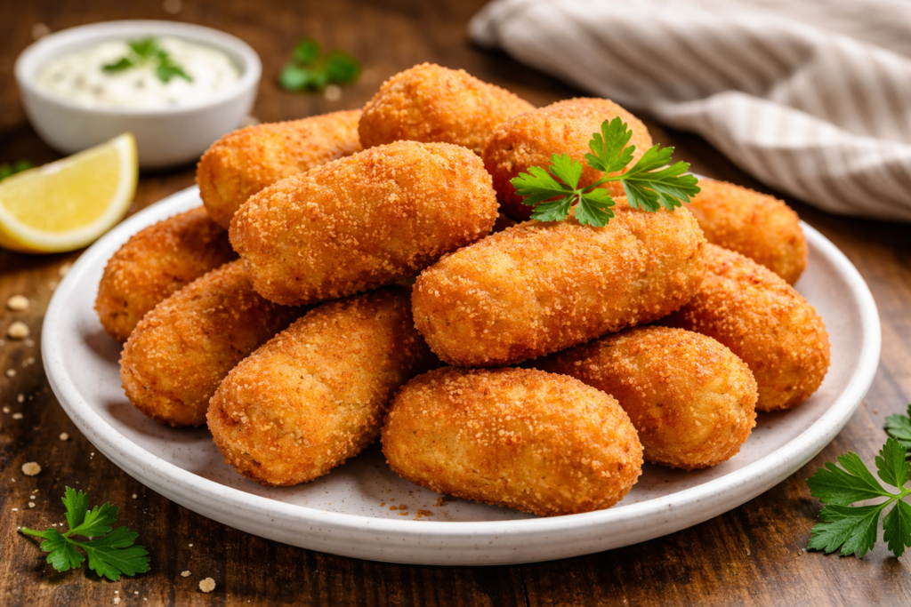 Croquetas de jamón caseras doradas y crujientes recién fritas