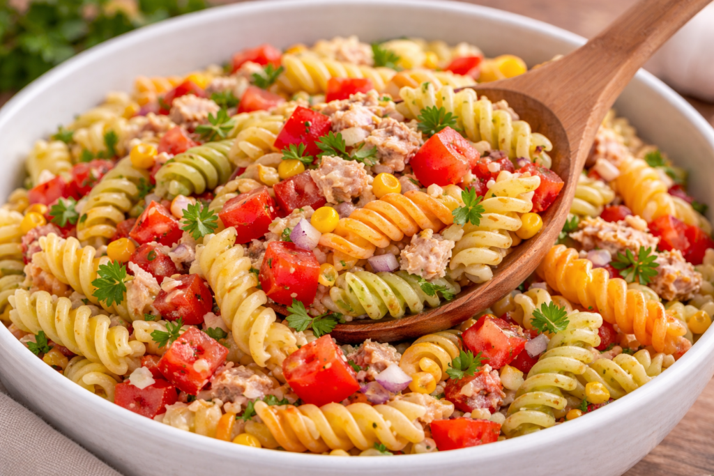 Ensalada de pasta casera con atún, tomate, maíz y pasta de colores