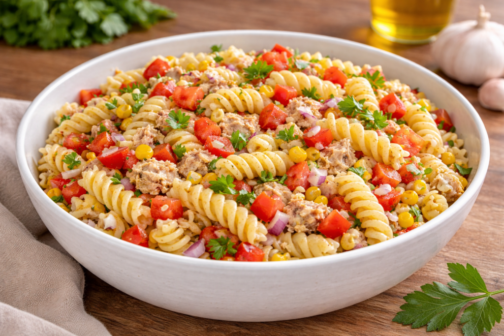 Ensalada de pasta fácil con atún, tomate, maíz y pasta de colores