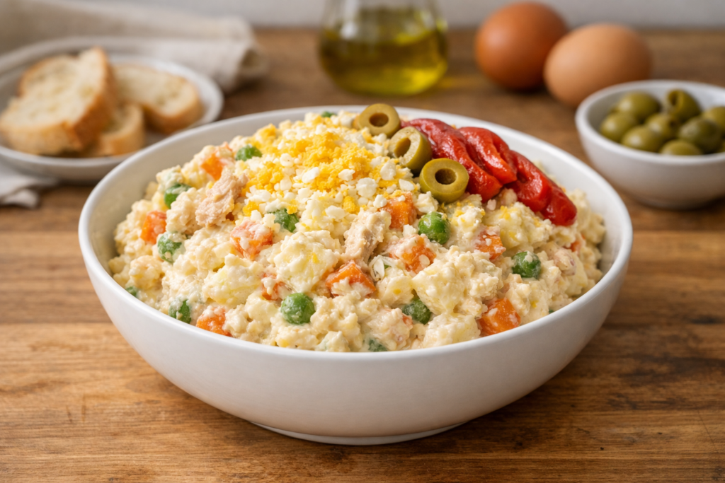 Ensaladilla rusa casera con patata, zanahoria, huevo y atún