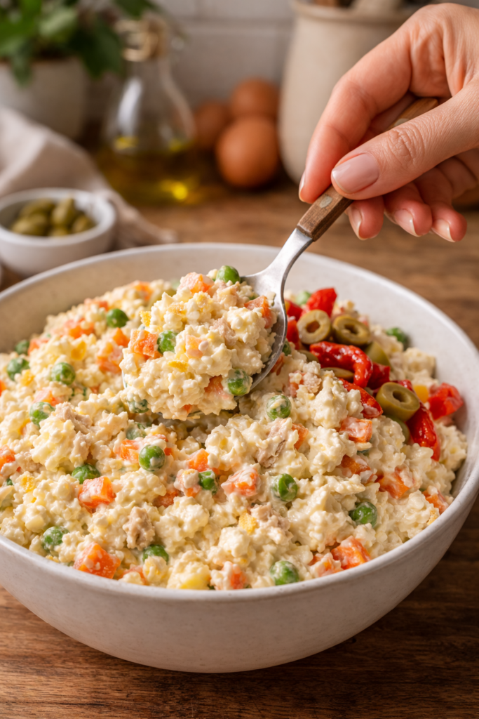 Ensaladilla rusa casera fácil Mano sirviendo ensaladilla rusa casera con cuchara