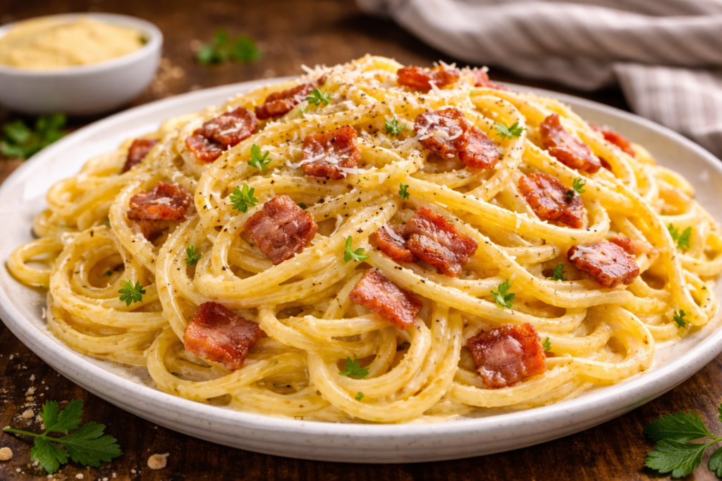 Espaguetis a la carbonara cremosos con bacon y queso parmesano