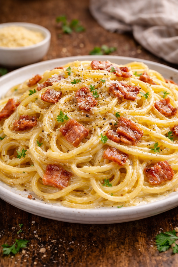 Espaguetis a la carbonara caseros con salsa cremosa y bacon