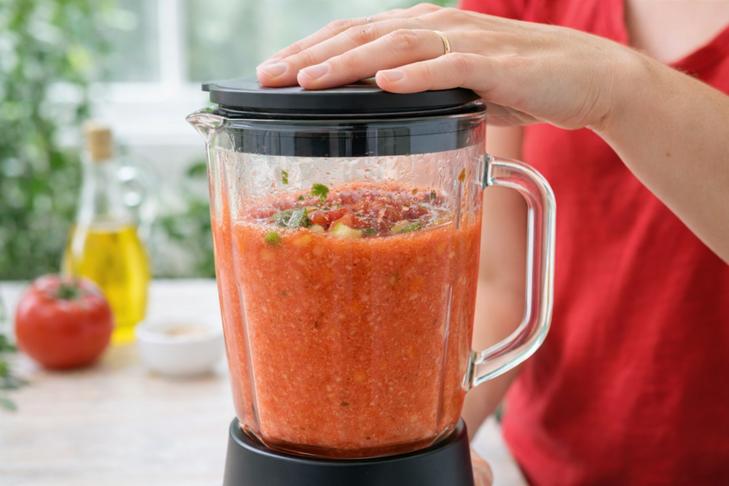 Gazpacho andaluz en preparación siendo triturado con mano femenina en batidora en cocina mediterránea luminosa