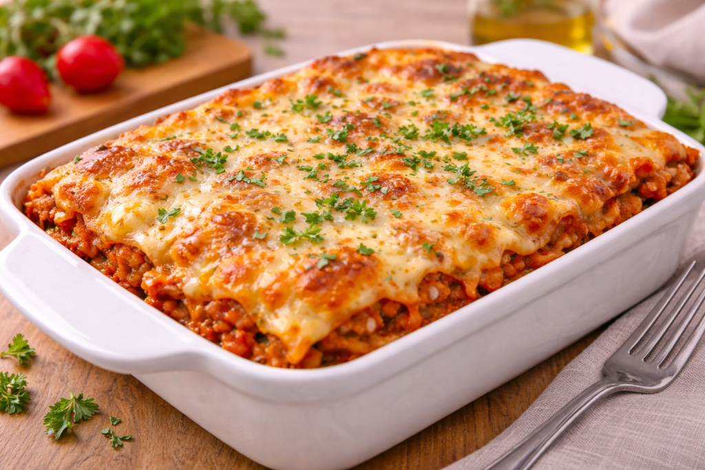 Lasaña de carne casera recién horneada con queso gratinado en fuente en cocina mediterránea luminosa