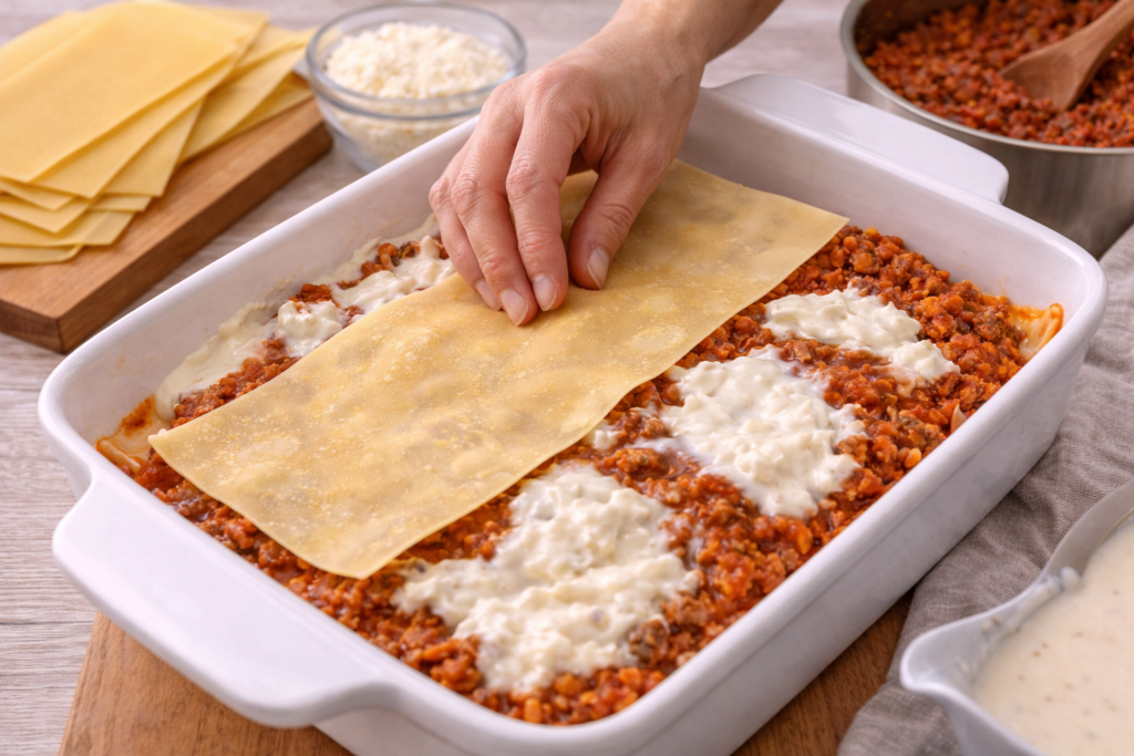 Lasaña de carne casera en preparación con mano femenina colocando capas en fuente en cocina mediterránea luminosa