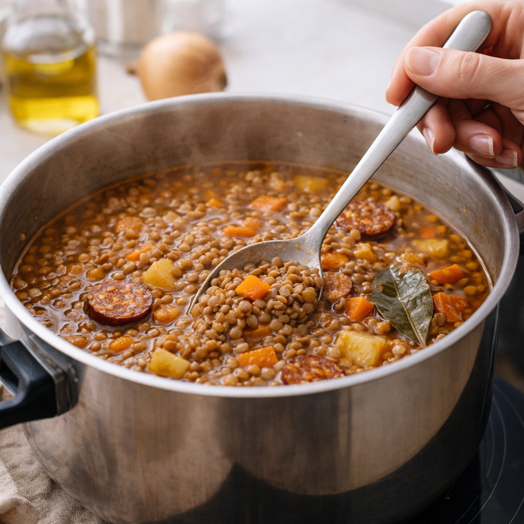 Lentejas caseras en cocción con verduras y mano femenina removiendo en olla en cocina mediterránea luminosa