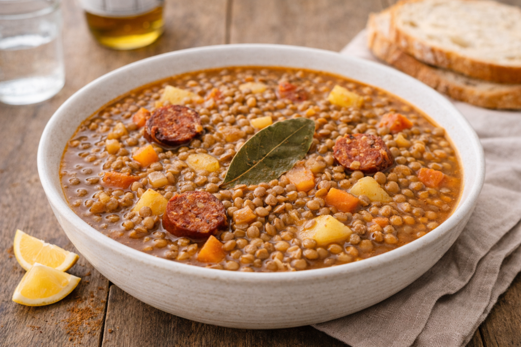 Lentejas caseras tradicionales con verduras y chorizo en plato en cocina mediterránea luminosa