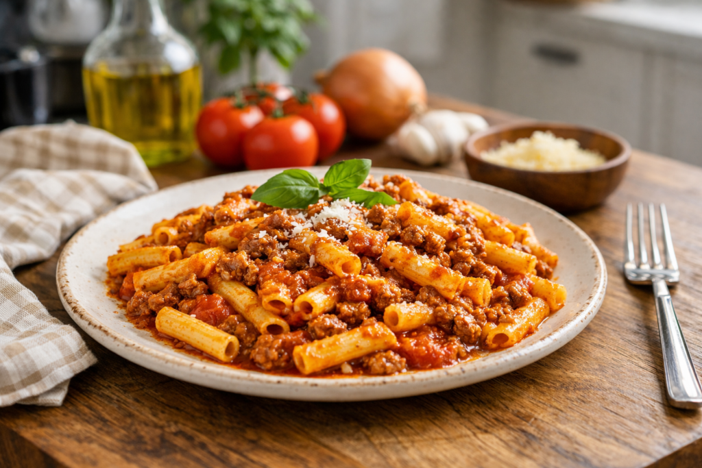 Macarrones con carne y tomate caseros recién hechos