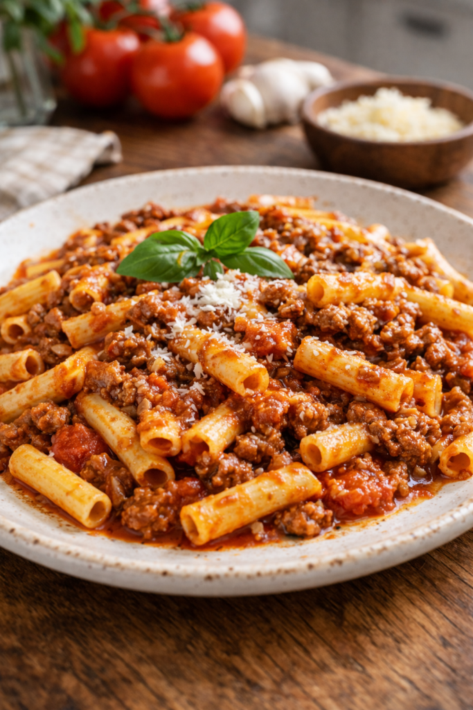 Plato de macarrones con carne y salsa de tomate casera recién hechos
