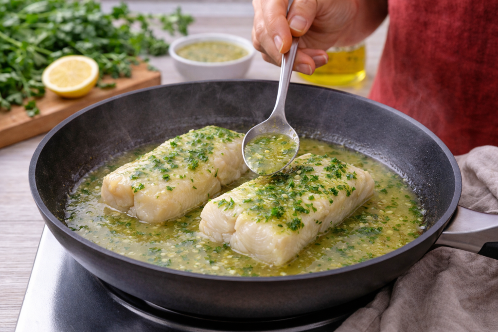 Merluza en salsa verde en preparación con mano femenina añadiendo salsa en sartén en cocina mediterránea luminosa