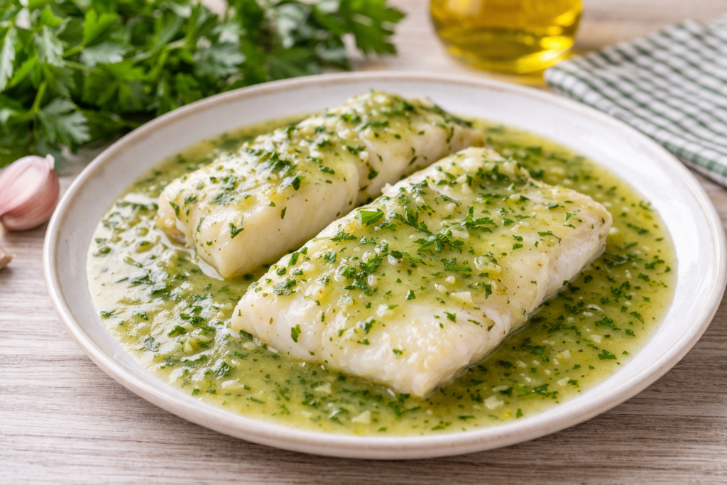 Merluza en salsa verde casera con perejil servida en plato en cocina mediterránea luminosa