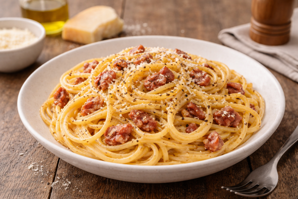 Pasta carbonara casera cremosa sin nata servida en plato en cocina mediterránea luminosa