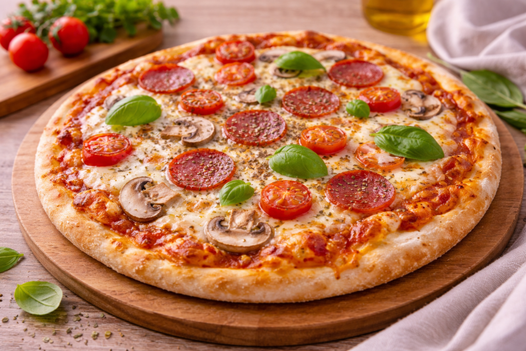 Pizza casera con queso fundido y ingredientes variados sobre base crujiente en cocina mediterránea luminosa