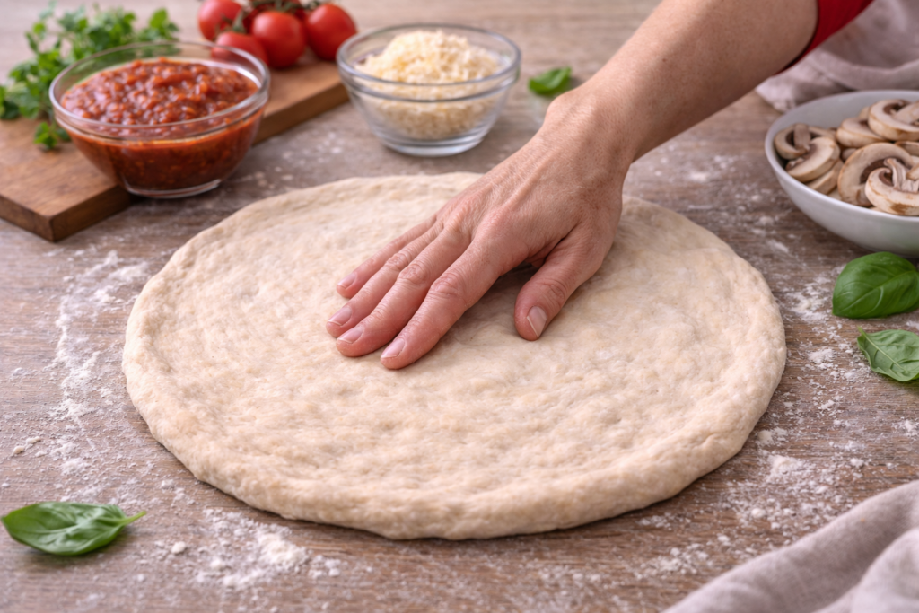 Pizza casera en preparación con mano femenina dando forma a la masa sobre superficie con harina en cocina mediterránea luminosa