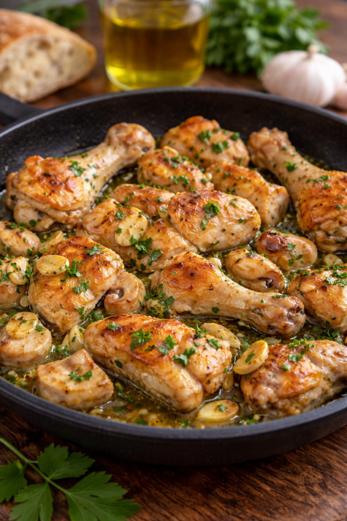 Pollo al ajillo casero cocinándose en sartén con ajo dorado y perejil