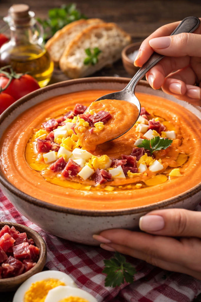 Salmorejo cordobés casero cremoso con textura espesa en plato blanco con mano femenina usando cuchara en cocina mediterránea luminosa