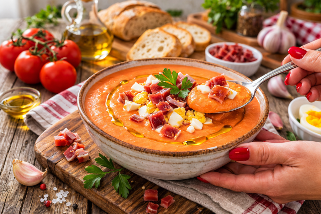 Salmorejo cordobés casero cremoso servido en plato blanco con huevo y jamón en cocina mediterránea luminosa