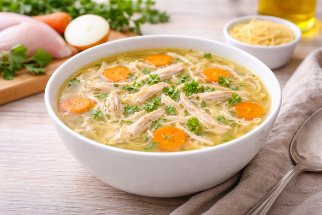 Sopa de pollo casera con fideos y verduras servida en bol en cocina mediterránea luminosa