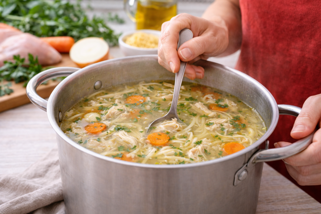 Sopa de pollo casera en preparación con mano femenina removiendo en olla con verduras en cocina mediterránea luminosa