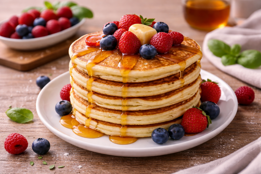 Tortitas americanas esponjosas apiladas con sirope, mantequilla y fruta fresca en cocina mediterránea luminosa