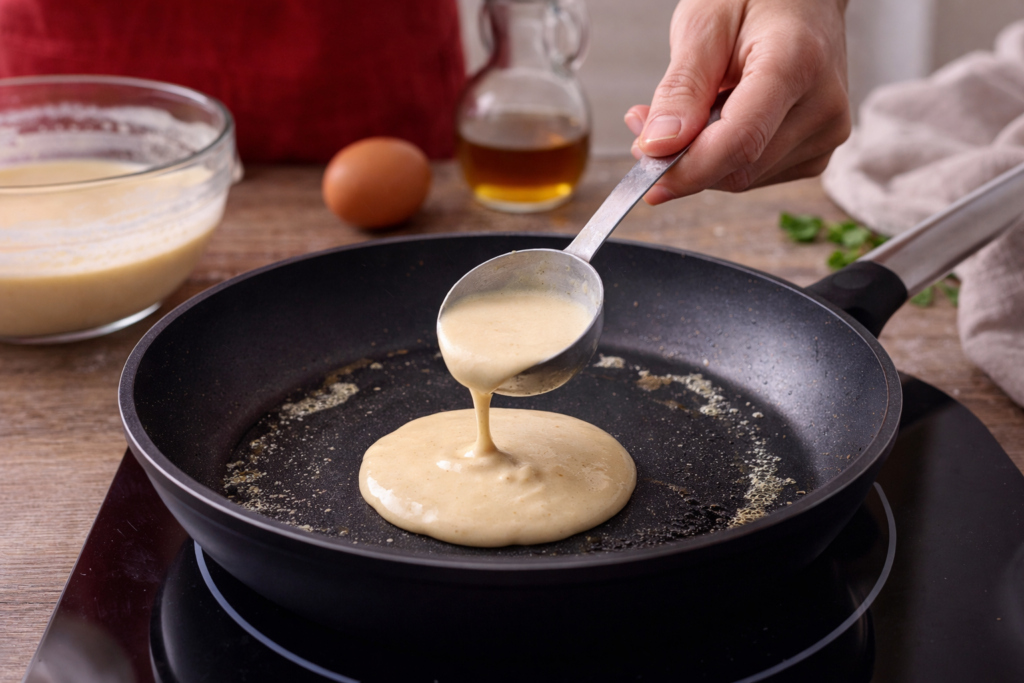 Tortitas americanas en preparación con mano femenina vertiendo masa en sartén en cocina mediterránea luminosa