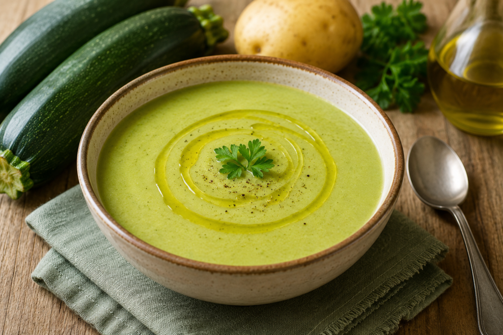 Crema de calabacín casera y ligera servida en cuenco rústico con textura cremosa